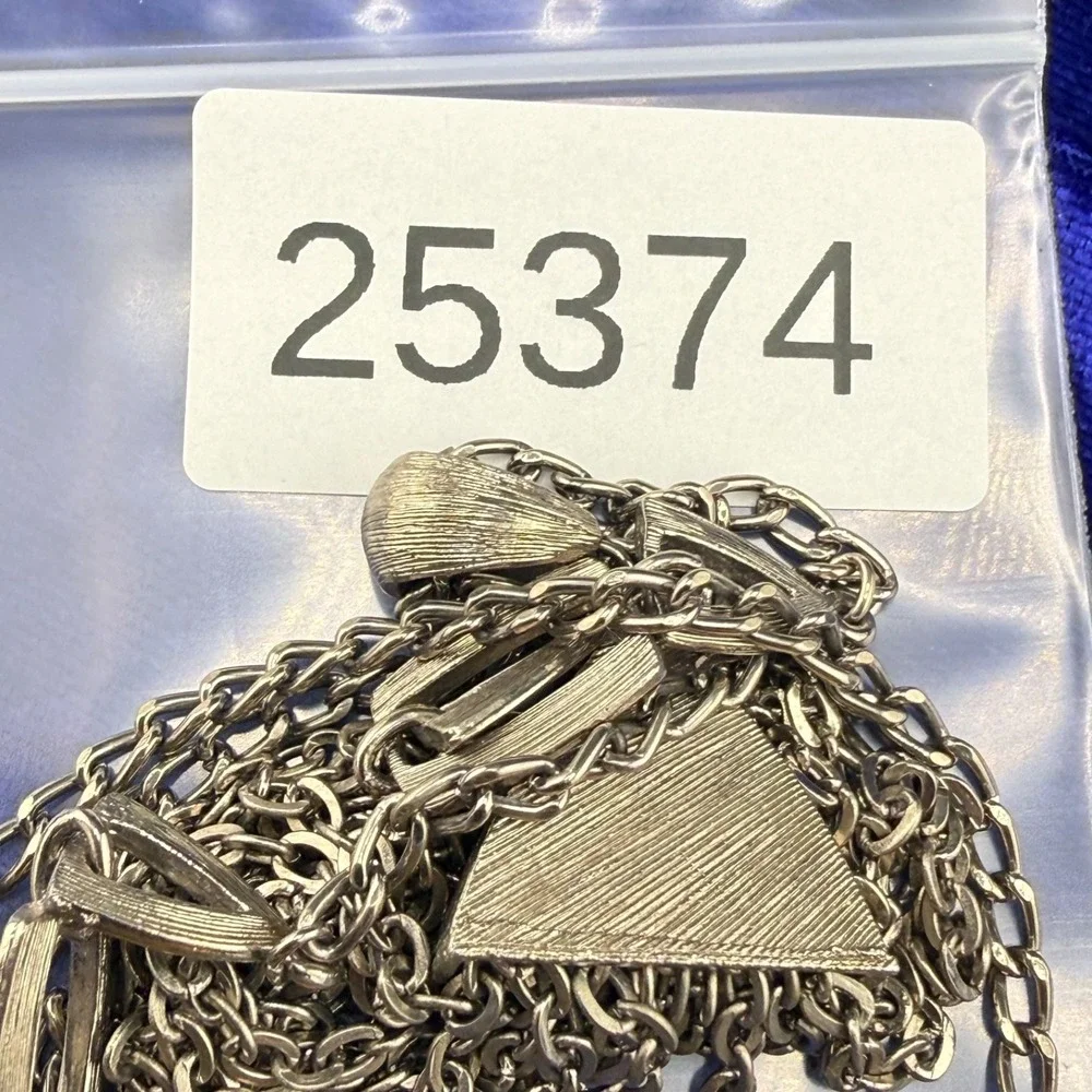 Vintage Estate Tassel Necklace Silver Tone Fringe Textured Geometric 23